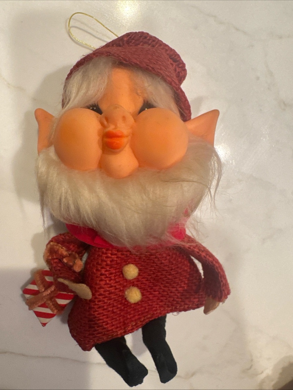 Vintage Elf Doll Ornament in Red Knit Coat